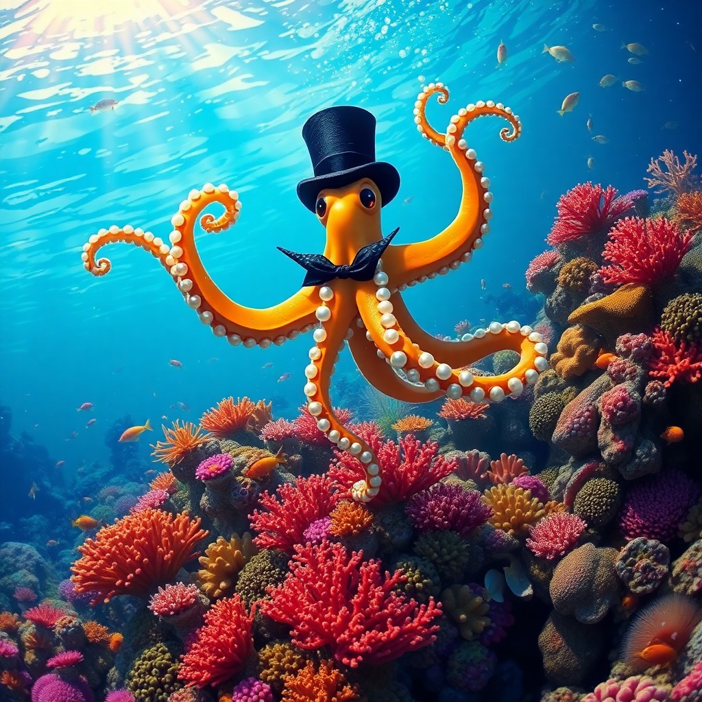 AI generated art for prompt: Imagine an enchanting underwater world reminiscent of 1950s Disney animation, where a clever octopus