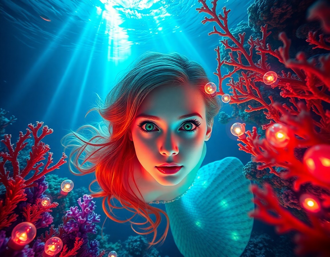 AI generated art for prompt: A surreal portrait depicting an ethereal mermaid entangled in a web of glowing coral and aquatic flo