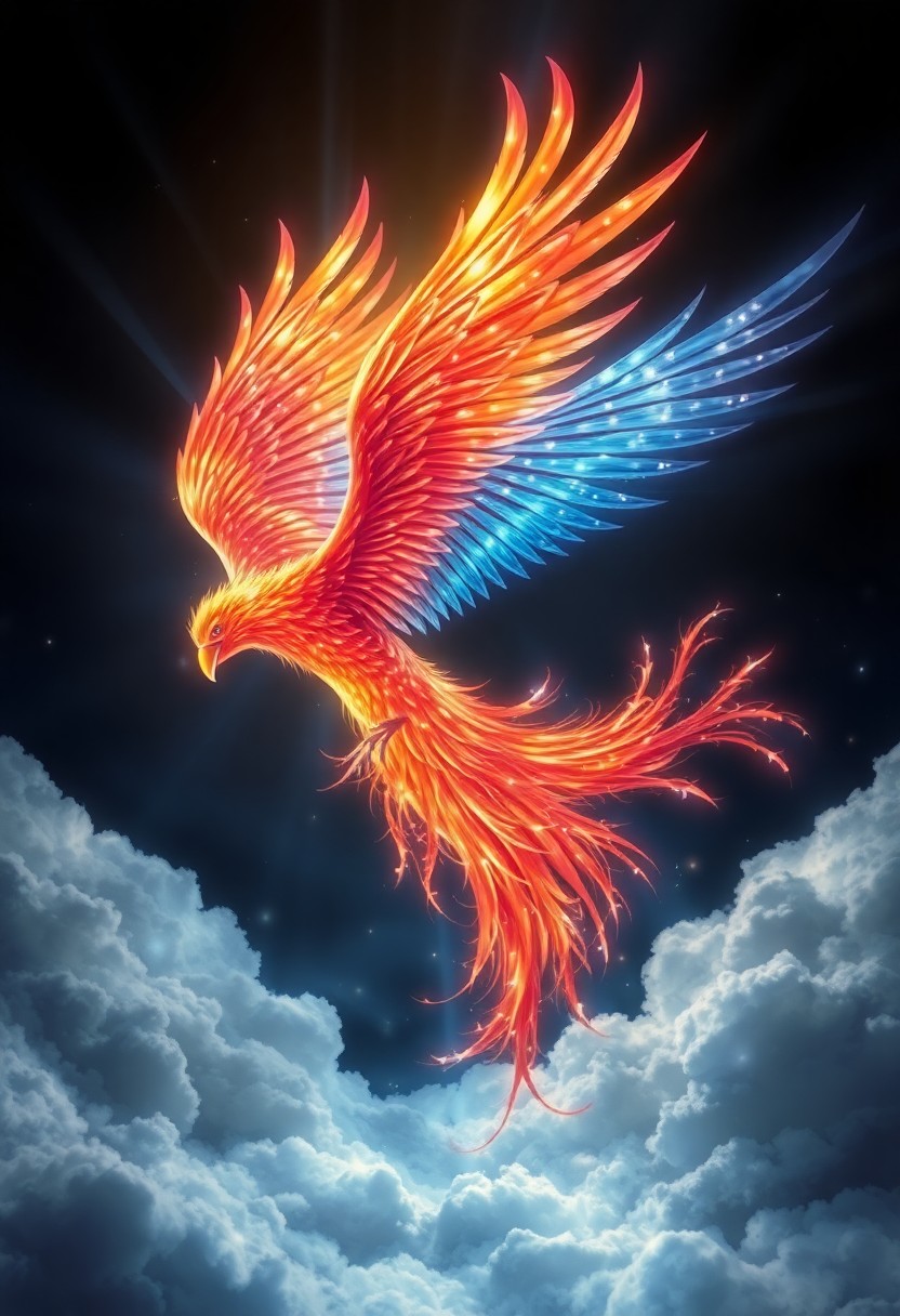 AI generated art for prompt: Imagine an enchanting digital artwork portraying a magnificent phoenix rising from turbulent clouds,