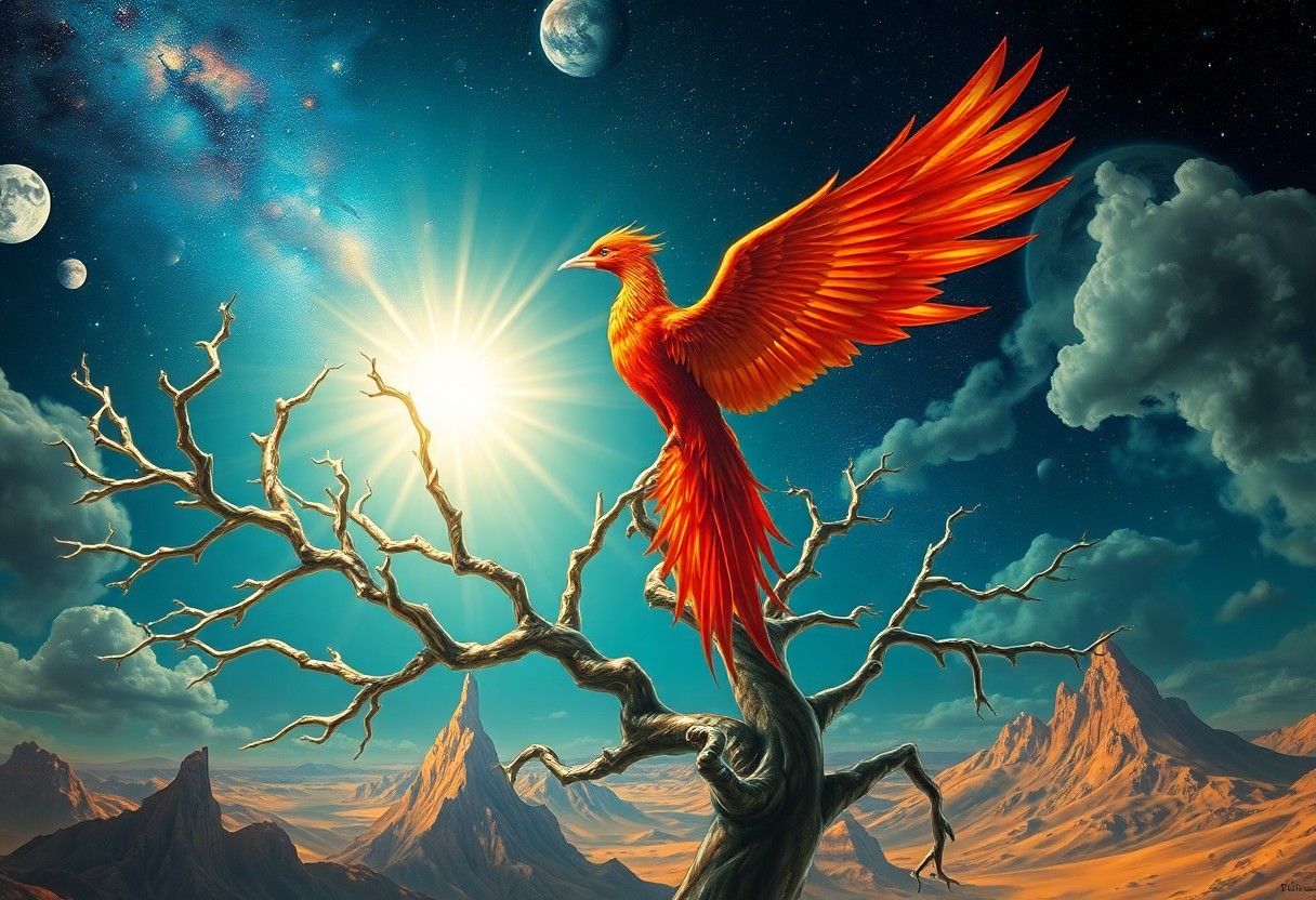 AI generated art for prompt: Picture a whimsical scene where an awe-inspiring phoenix with radiant hues of red and gold feathers 