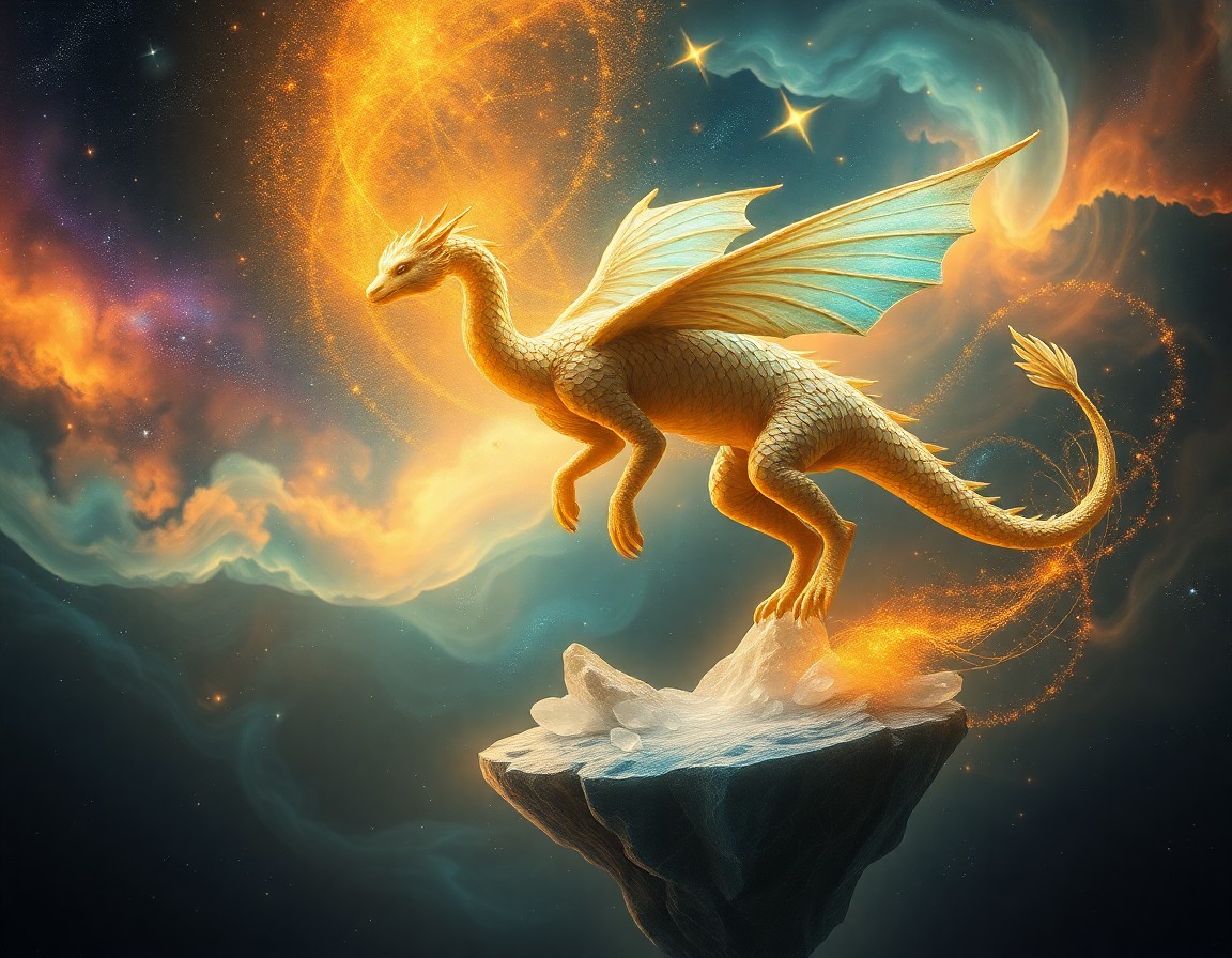 AI generated art for prompt: A celestial portrait showcases a mythical creature with iridescent scales gracefully descending from