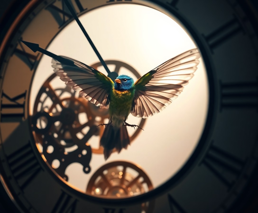 AI generated art for prompt: Imagine a dreamlike surrealist scene where a colorful bird emerges from within an oversized timepiec