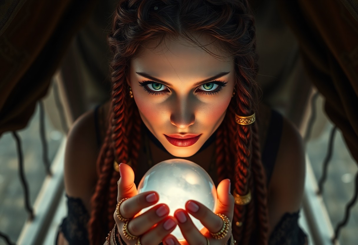 AI generated art for prompt: Create a hyperrealistic portrait of a mysterious fortune teller with piercing emerald eyes and deep 