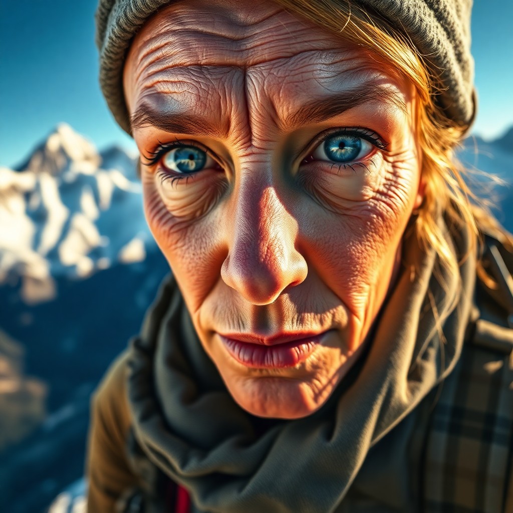 AI generated art for prompt: An intense close-up portrait of an experienced mountain climber captures her rugged determination an