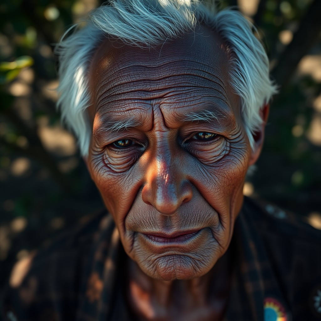 AI generated art for prompt: A hyperrealistic portrait captures the serene tranquility of an elderly Aboriginal man. He has soft 