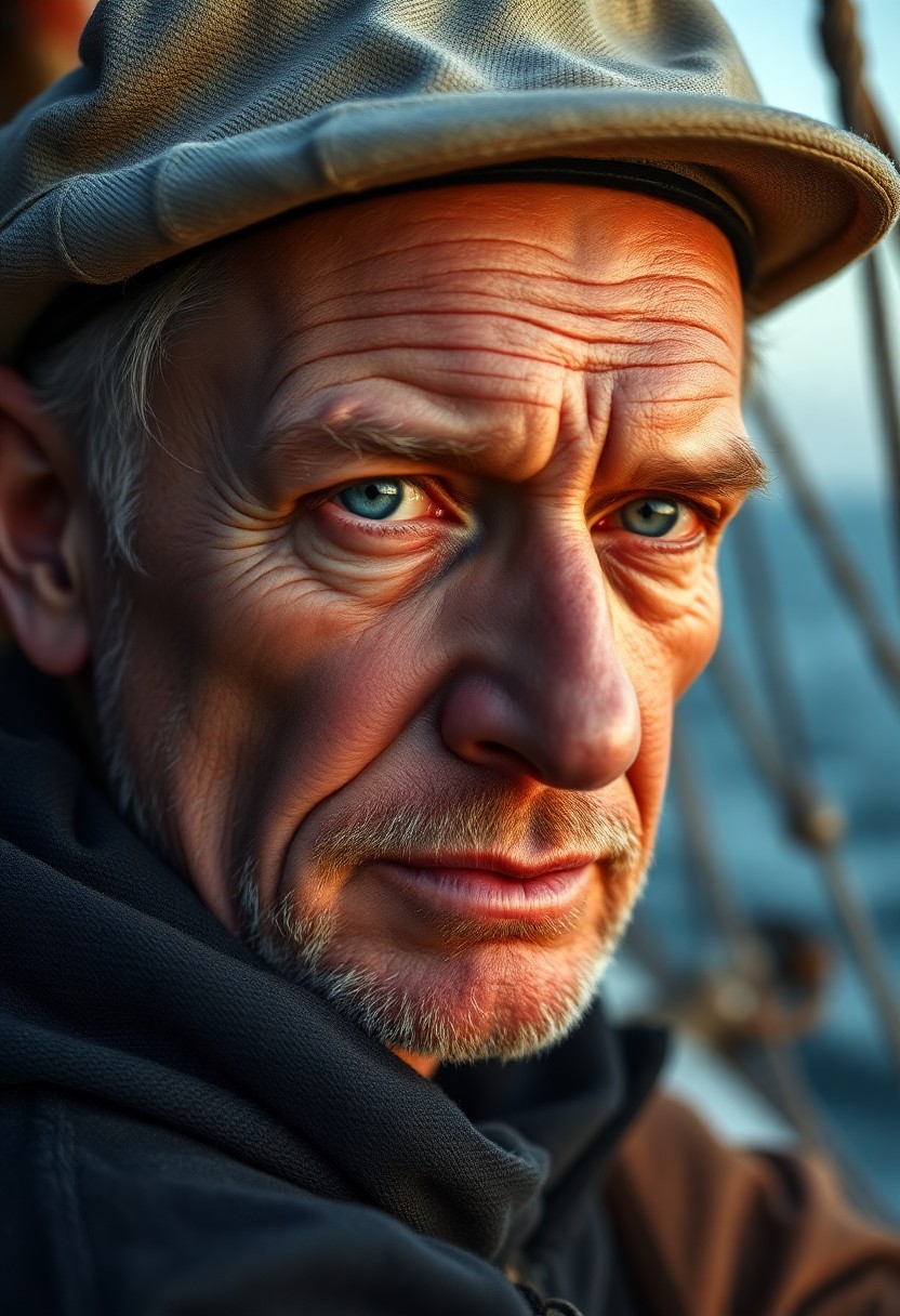 AI generated art for prompt: Create a portrait photograph of a wind-beaten sailor, capturing his rugged features and the soft gol