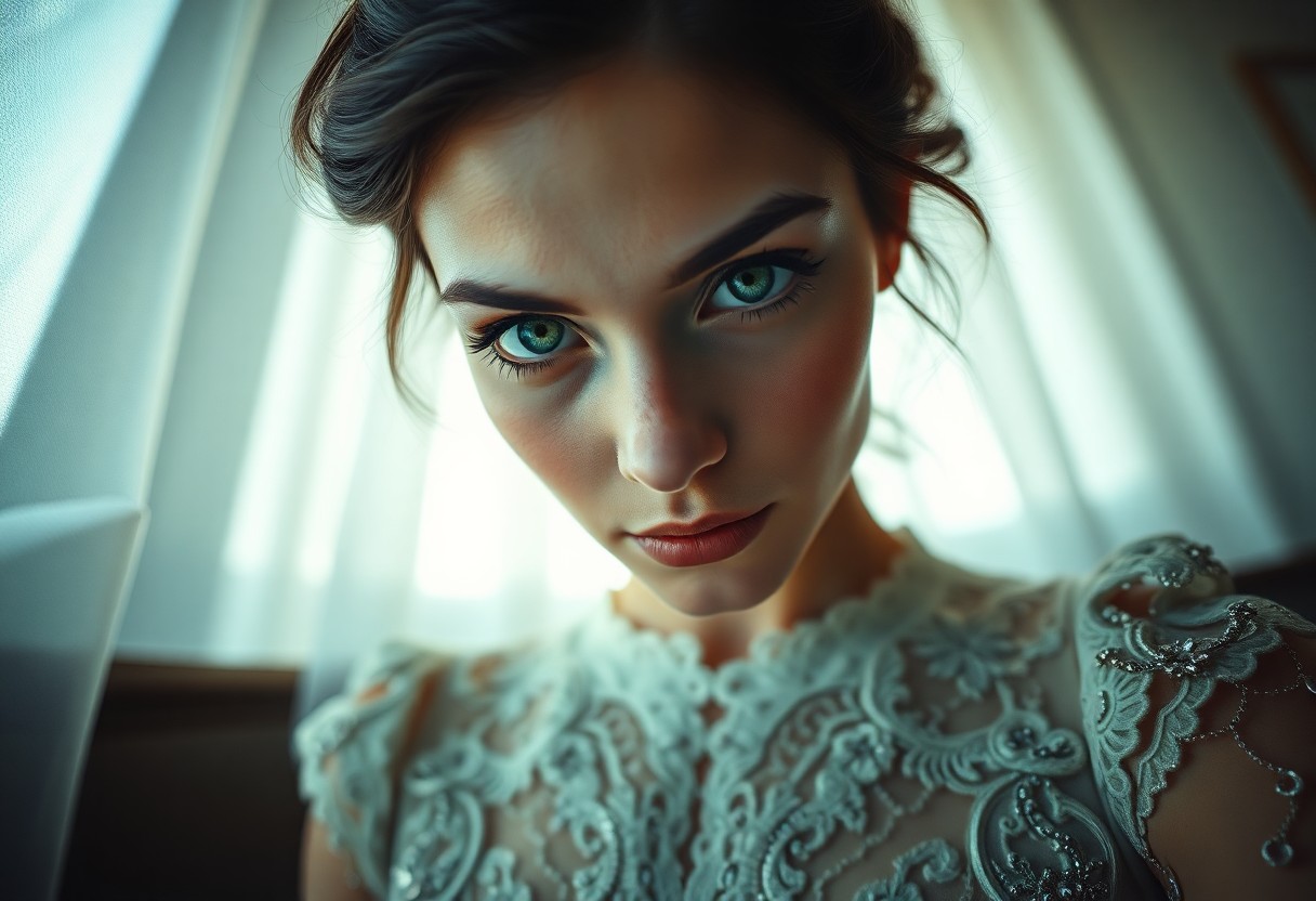 AI generated art for prompt: A captivating portrait showcases the enigmatic gaze of a Southern European woman with piercing emera