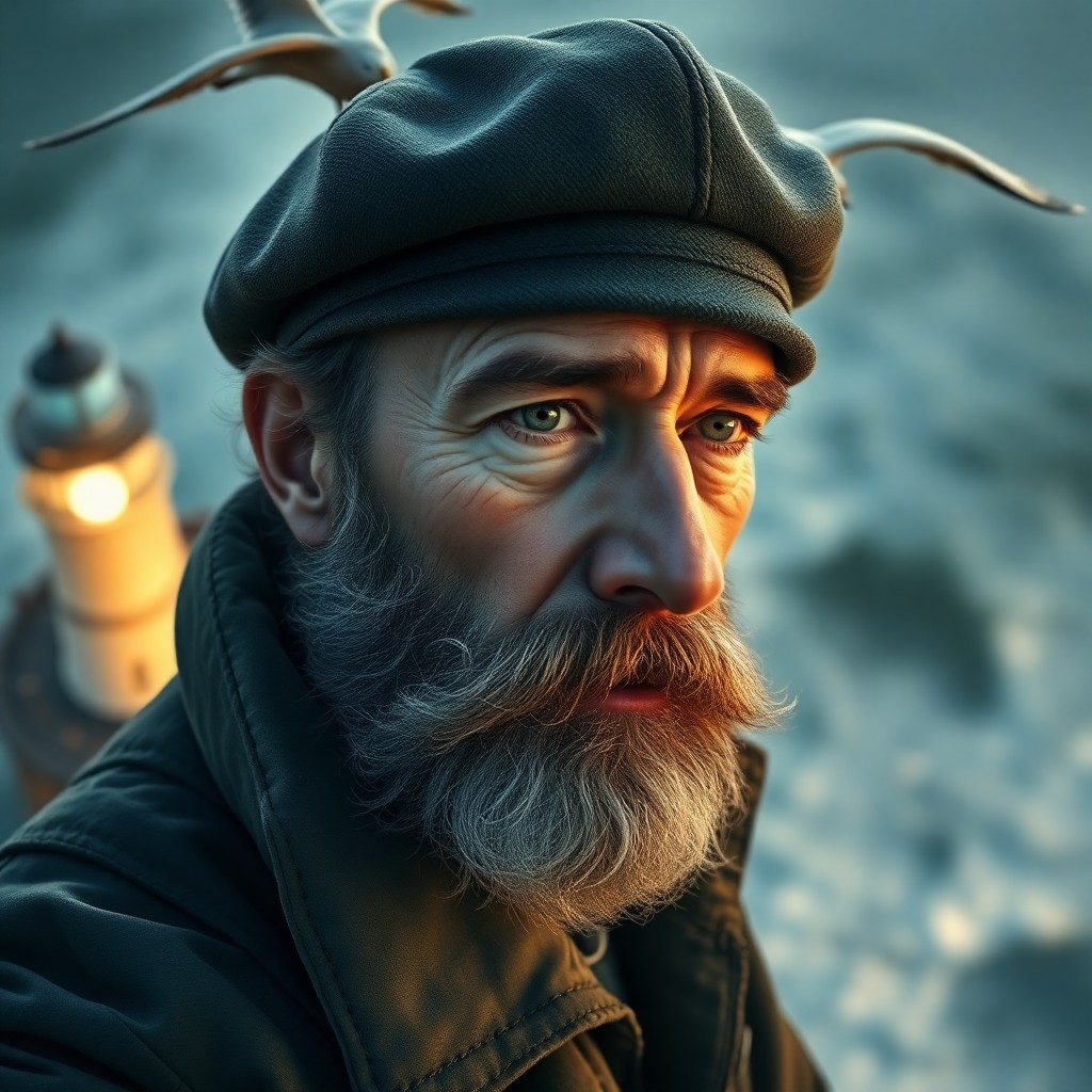 AI generated art for prompt: A hyperrealistic digital impressionist portrait captures the essence of a seasoned lighthouse keeper