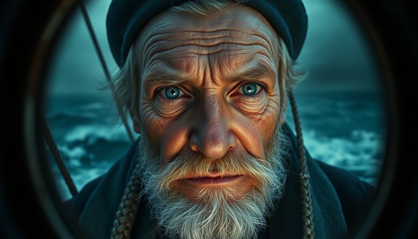 AI generated art for prompt: Imagine a hyperrealistic portrait of an aged sailor, his face weathered and etched with lines that t