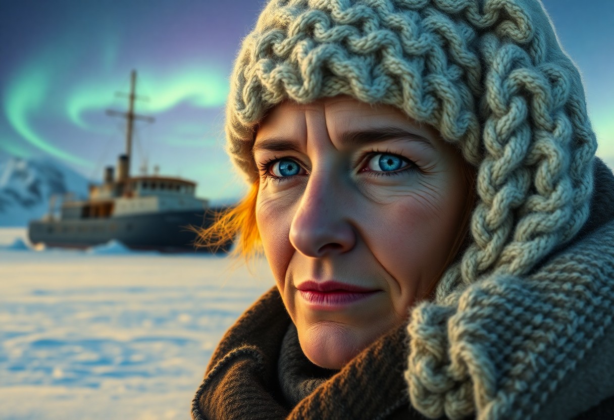 AI generated art for prompt: Capture a photorealistic portrait of a seasoned arctic explorer, a woman with a weathered face and e