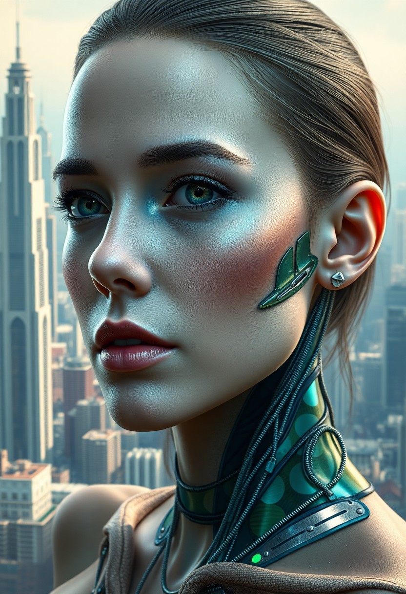 AI generated art for prompt: Create an image of a hyperrealistic portrait that merges with sci-fi elements. The subject is a youn