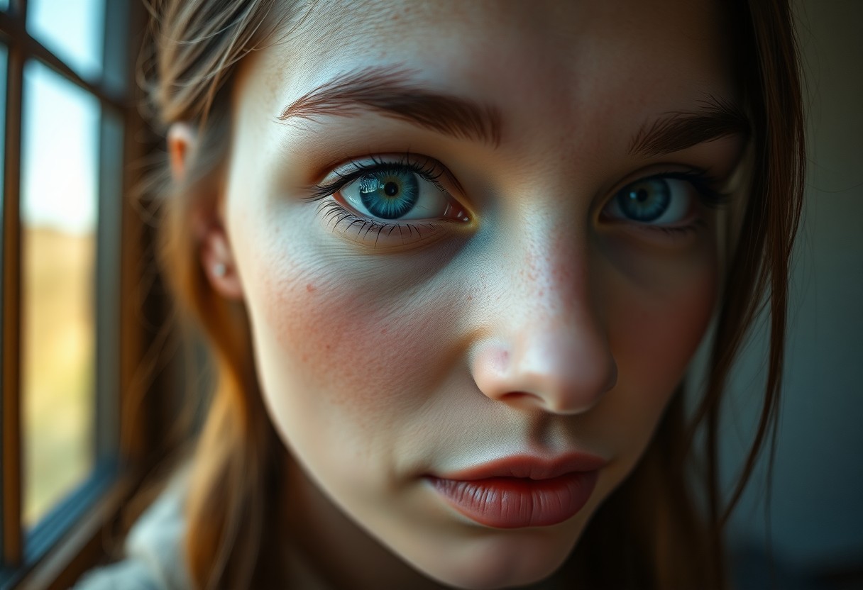 AI generated art for prompt: Create a captivating portrait of a young Central Asian woman with mesmerizing blue eyes and porcelai