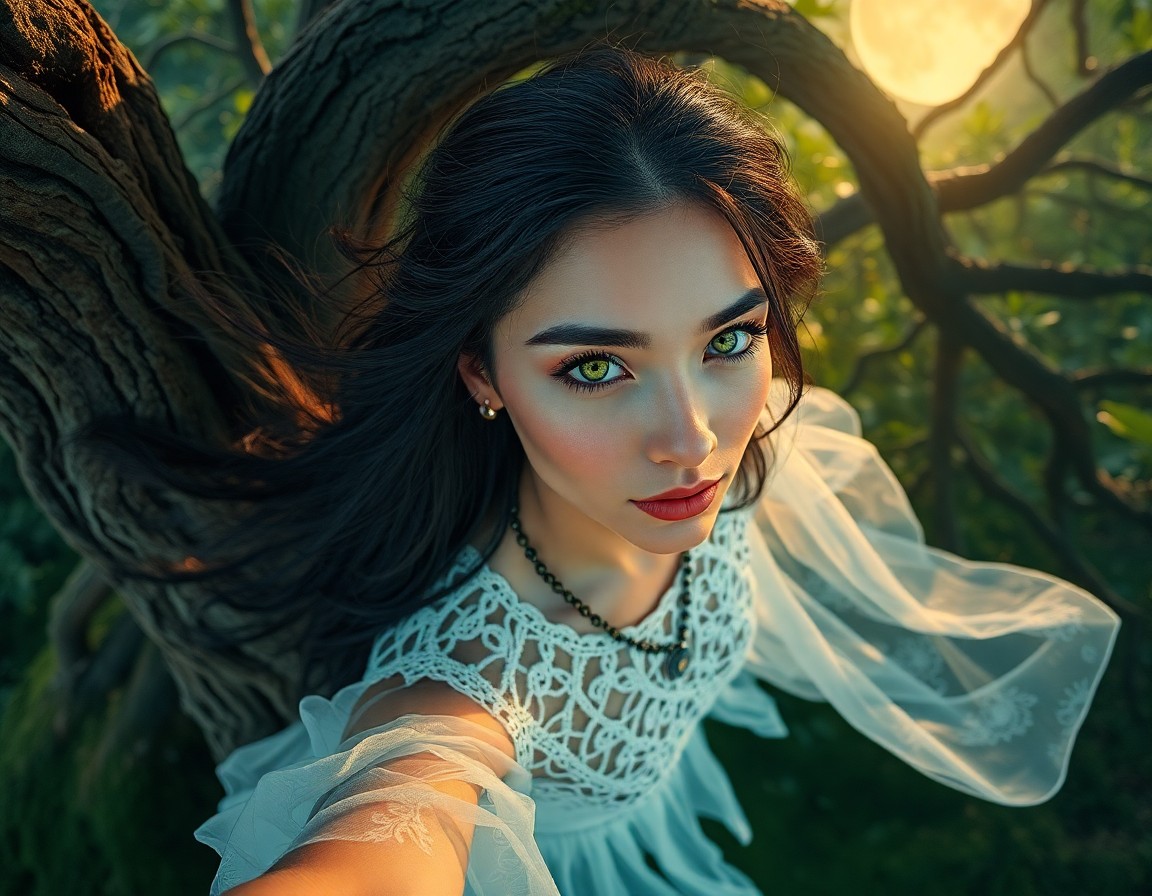 AI generated art for prompt: A striking portrait of an enigmatic Polynesian woman with shy green eyes, flowing raven hair, and de