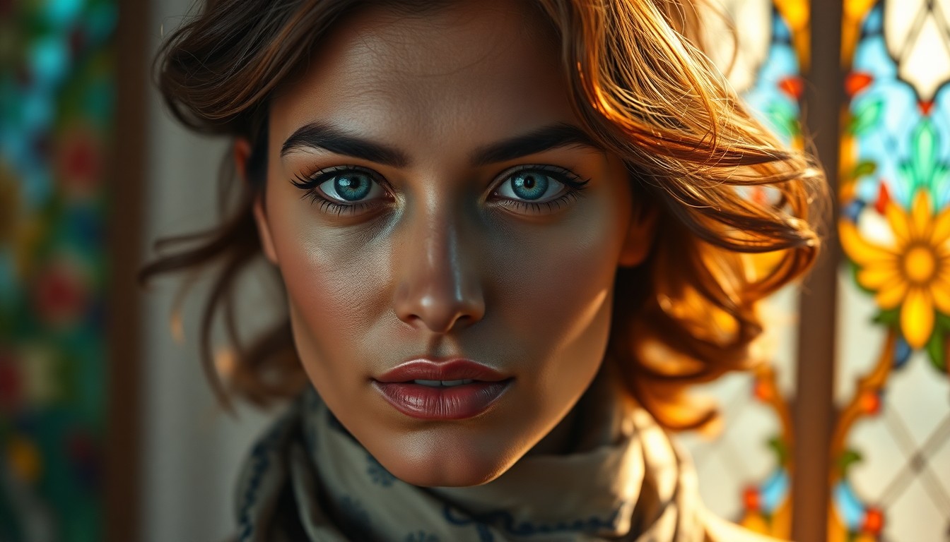 AI generated art for prompt: Imagine a photorealistic portrait of a Latin American woman, her gentle blue eyes holding an enigmat