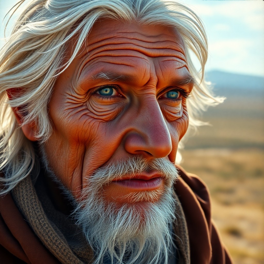 AI generated art for prompt: Capture an ultra-realistic portrait of a wise elder, their face time-worn yet illuminated by a rugge