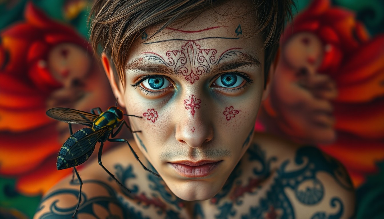 AI generated art for prompt: Capture a photorealistic portrait of an enigmatic individual with shy, blue eyes and intricate tatto