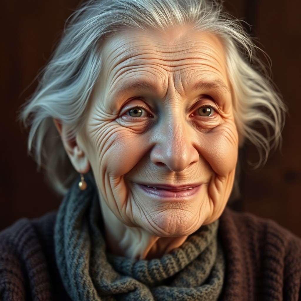 AI generated art for prompt: Create a portrait of an elderly Western European woman with deep-set wrinkles and a warm, inviting s