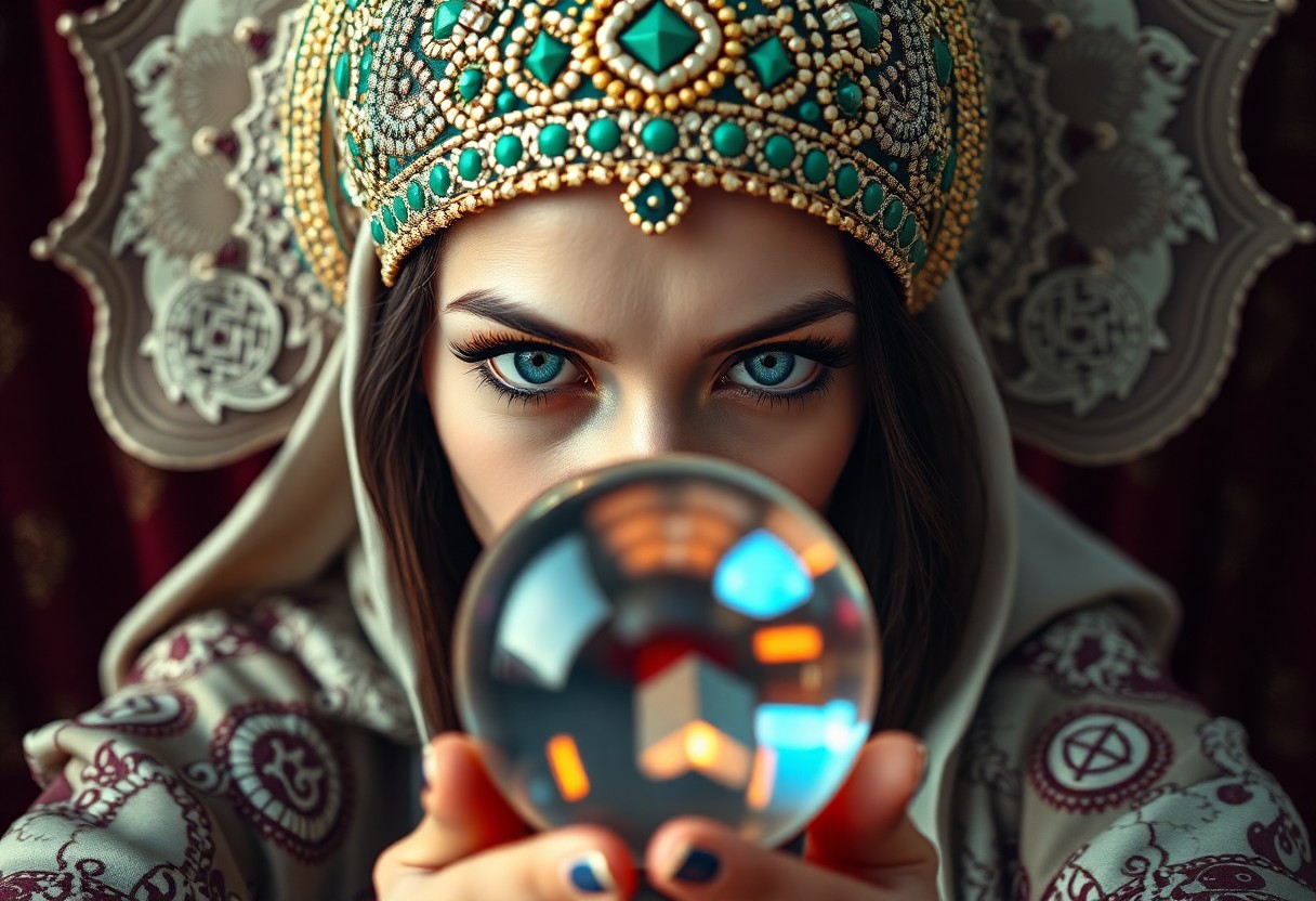 AI generated art for prompt: A portrait photograph captures the enigmatic essence of a fortune teller, her piercing emerald eyes 