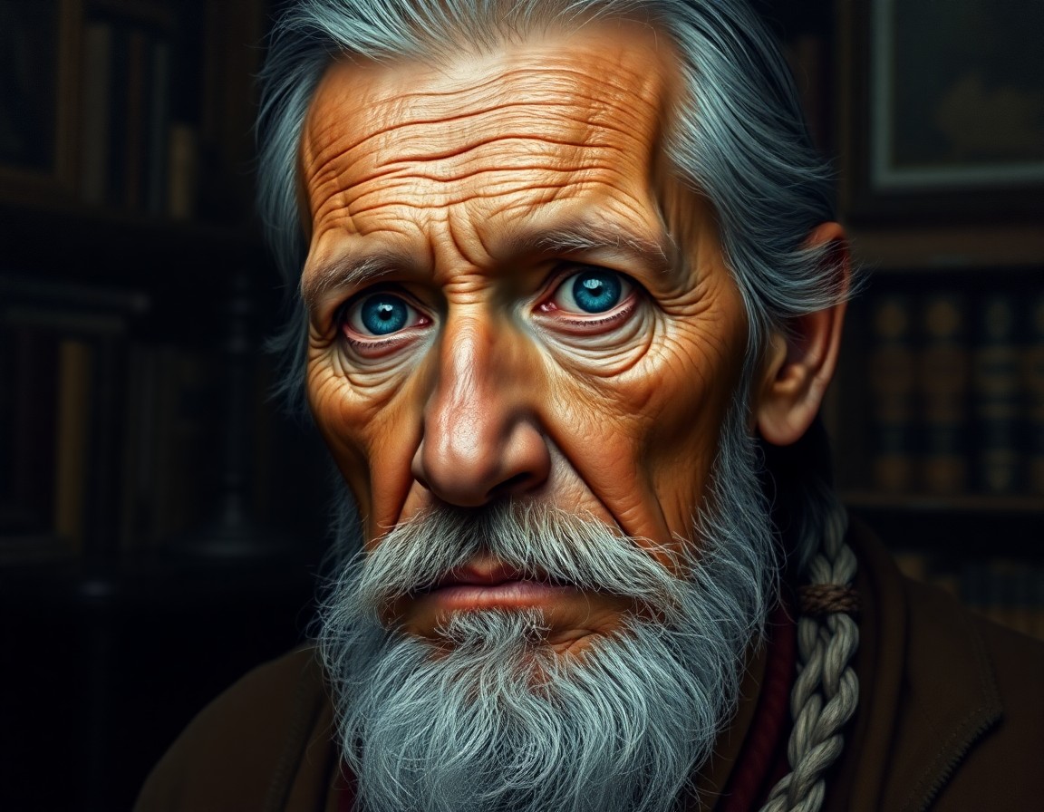 AI generated art for prompt: Create a hyperrealistic oil painting-style portrait of an elderly Native American man with an intros