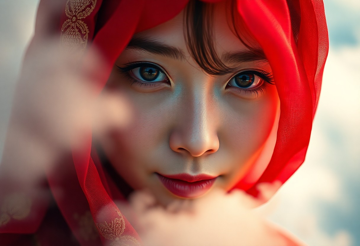 AI generated art for prompt: A captivating portrait captures the enigmatic gaze of an East Asian woman, her face partially veiled