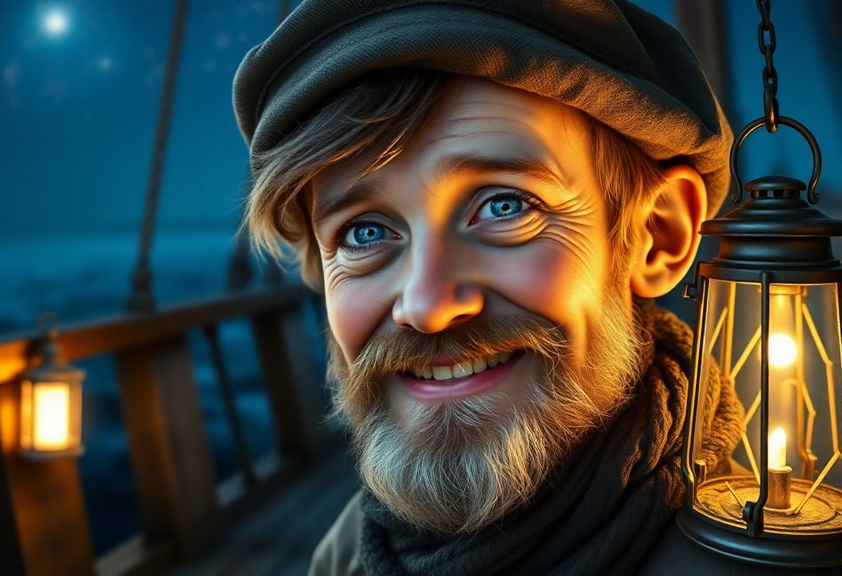 AI generated art for prompt: Create an ultrarealistic portrait of a happy boy with a grizzled appearance, his shy blue eyes refle