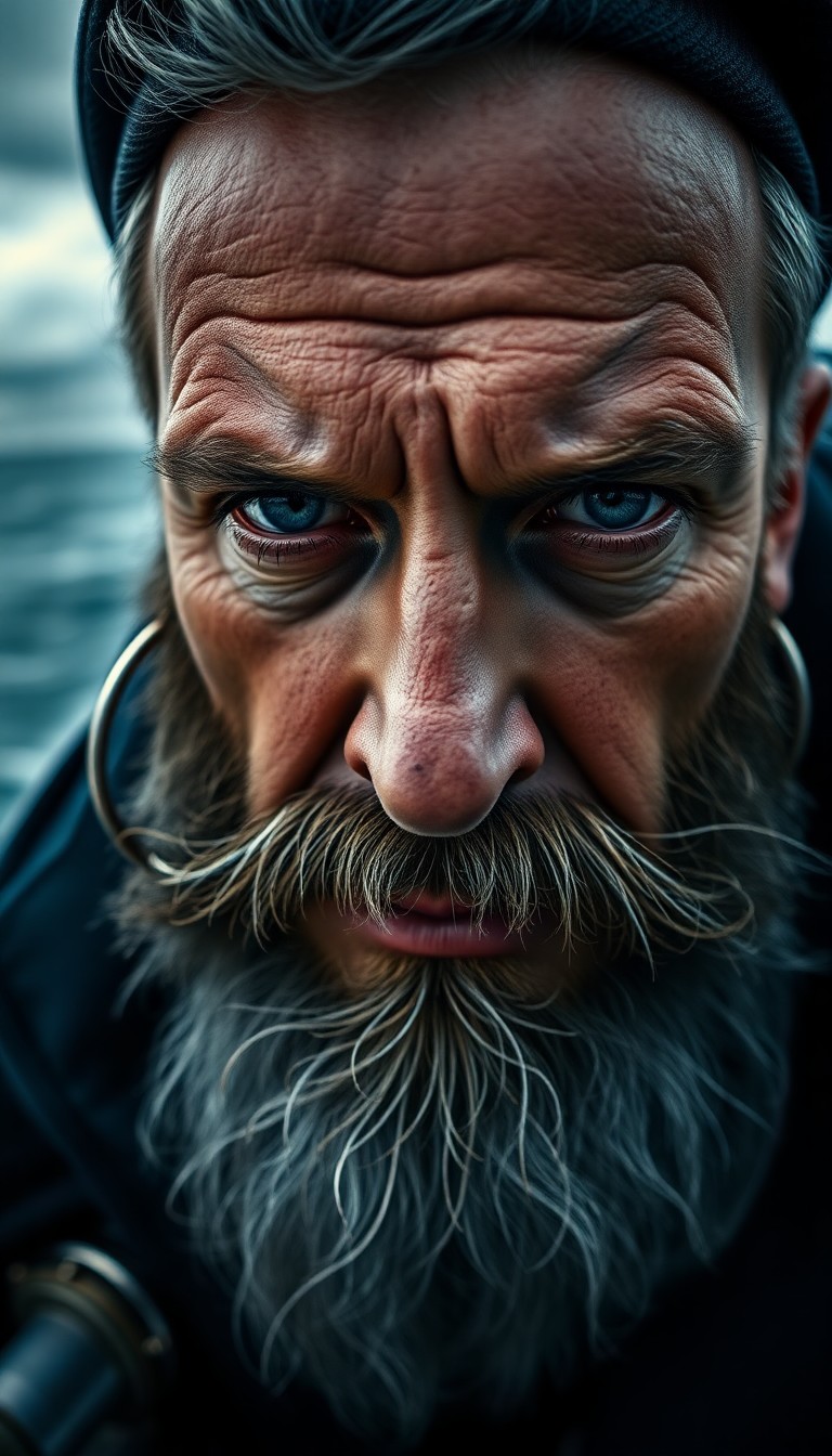 AI generated art for prompt: A highly detailed, super-realistic portrait captures the intense gaze of a sea captain, his wise exp