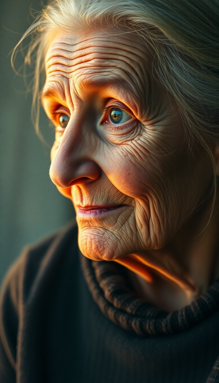 AI generated art for prompt: Create a portrait photograph, emulating a fine art oil painting, of an elderly Nordic woman. Capture