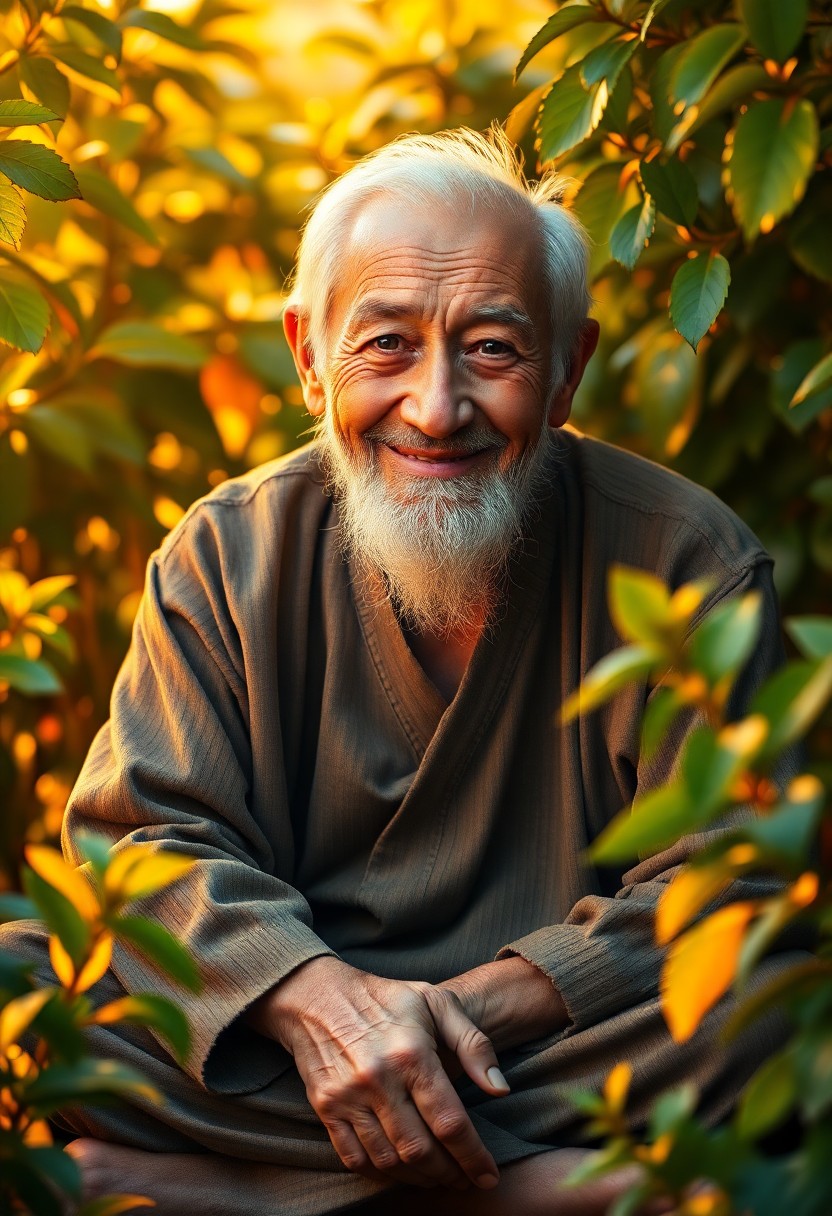 AI generated art for prompt: Create a hyperrealistic portrait of a wise old sage in a serene garden setting, bathed in the warm g