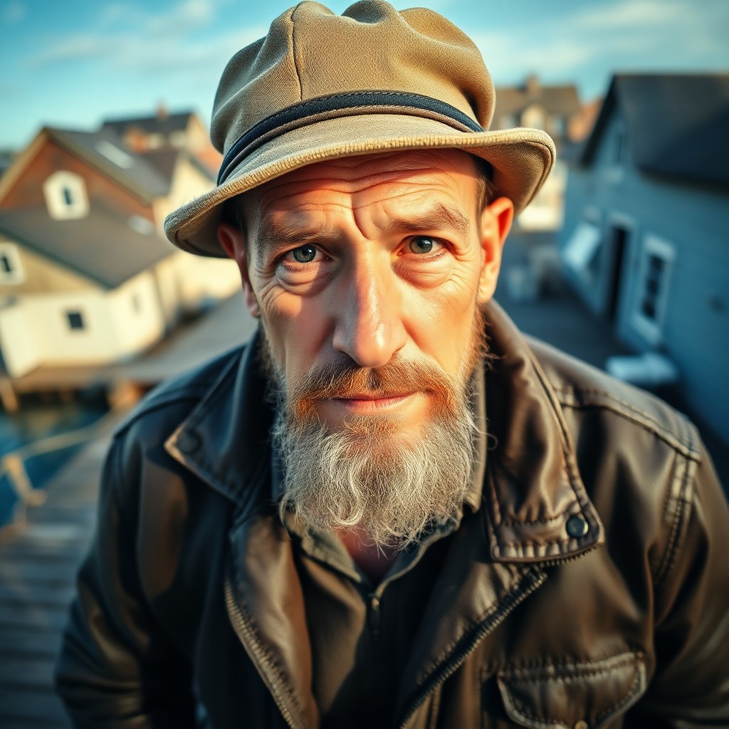 AI generated art for prompt: Create a portrait photograph of a middle-aged Caucasian man with rugged features, deep-set eyes, and