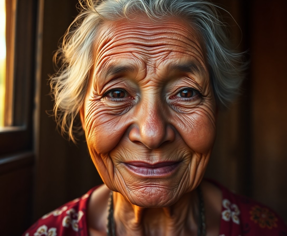 AI generated art for prompt: A super-realistic, highly detailed portrait of an elderly Polynesian woman with a face marked by tim