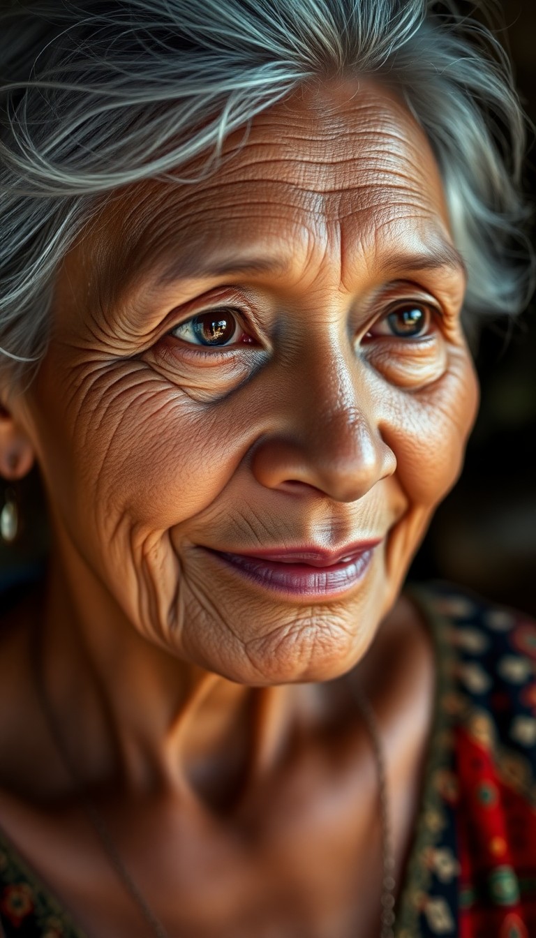 AI generated art for prompt: Create a portrait photograph that captures the delicate features of an elderly Melanesian woman. Her