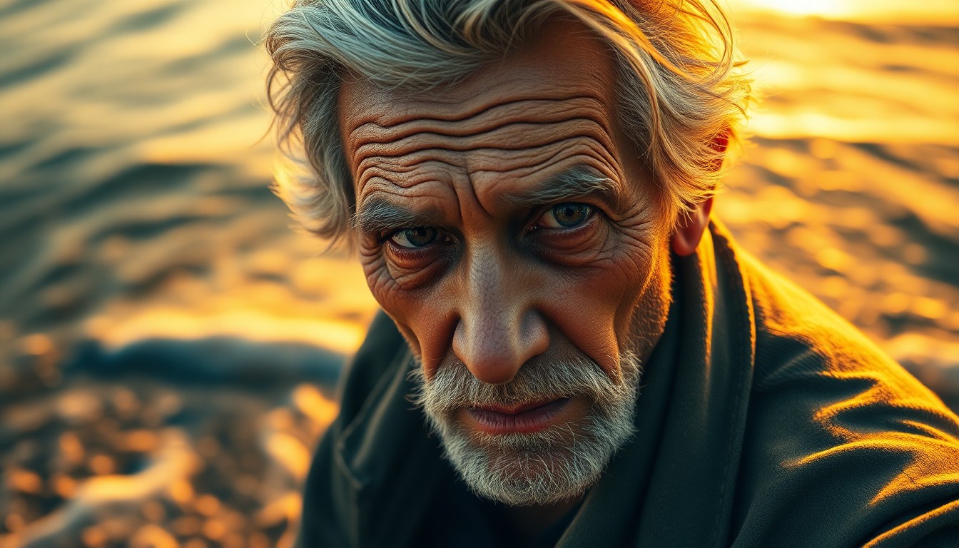 AI generated art for prompt: Create a portrait of an enigmatic elderly fisherman. His weathered face and sun-bleached hair frame 