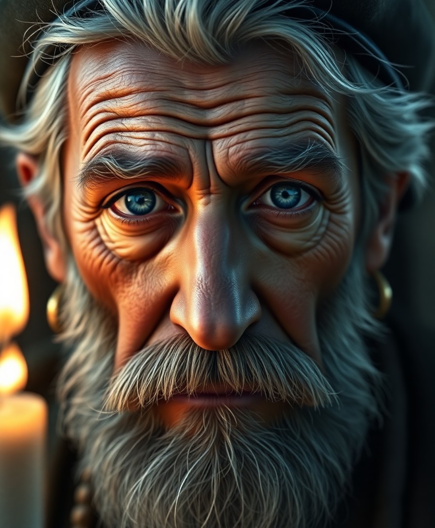 AI generated art for prompt: Create a photorealistic portrait of a sea captain with eyes that have seen the vastness of the ocean