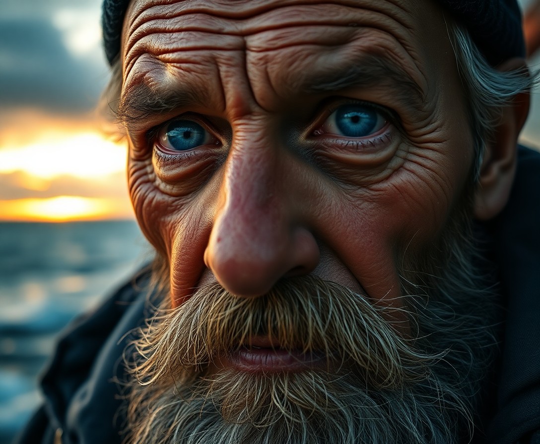 AI generated art for prompt: A close-up portrait captures the essence of a hardened fisherman, his dreamy blue eyes piercing thro