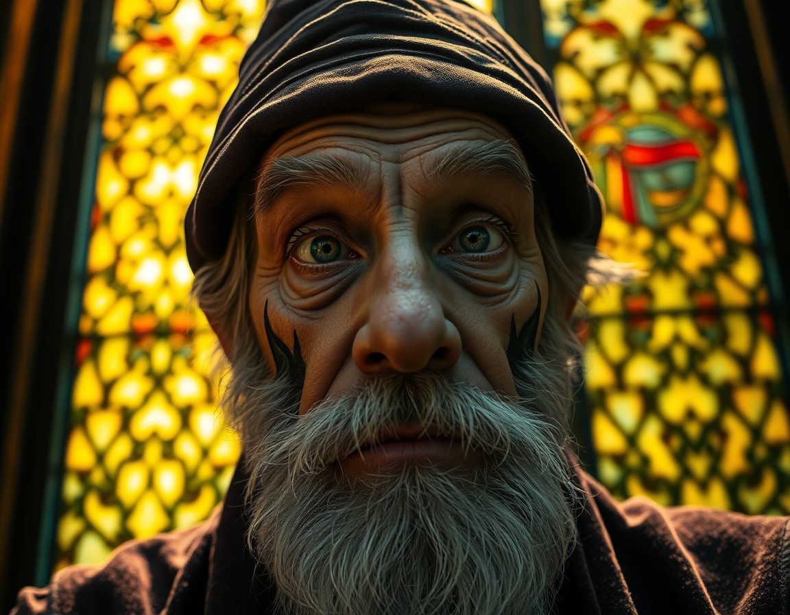 AI generated art for prompt: Create a captivating portrait of a wise old sorcerer from a unique low-angle perspective, capturing 