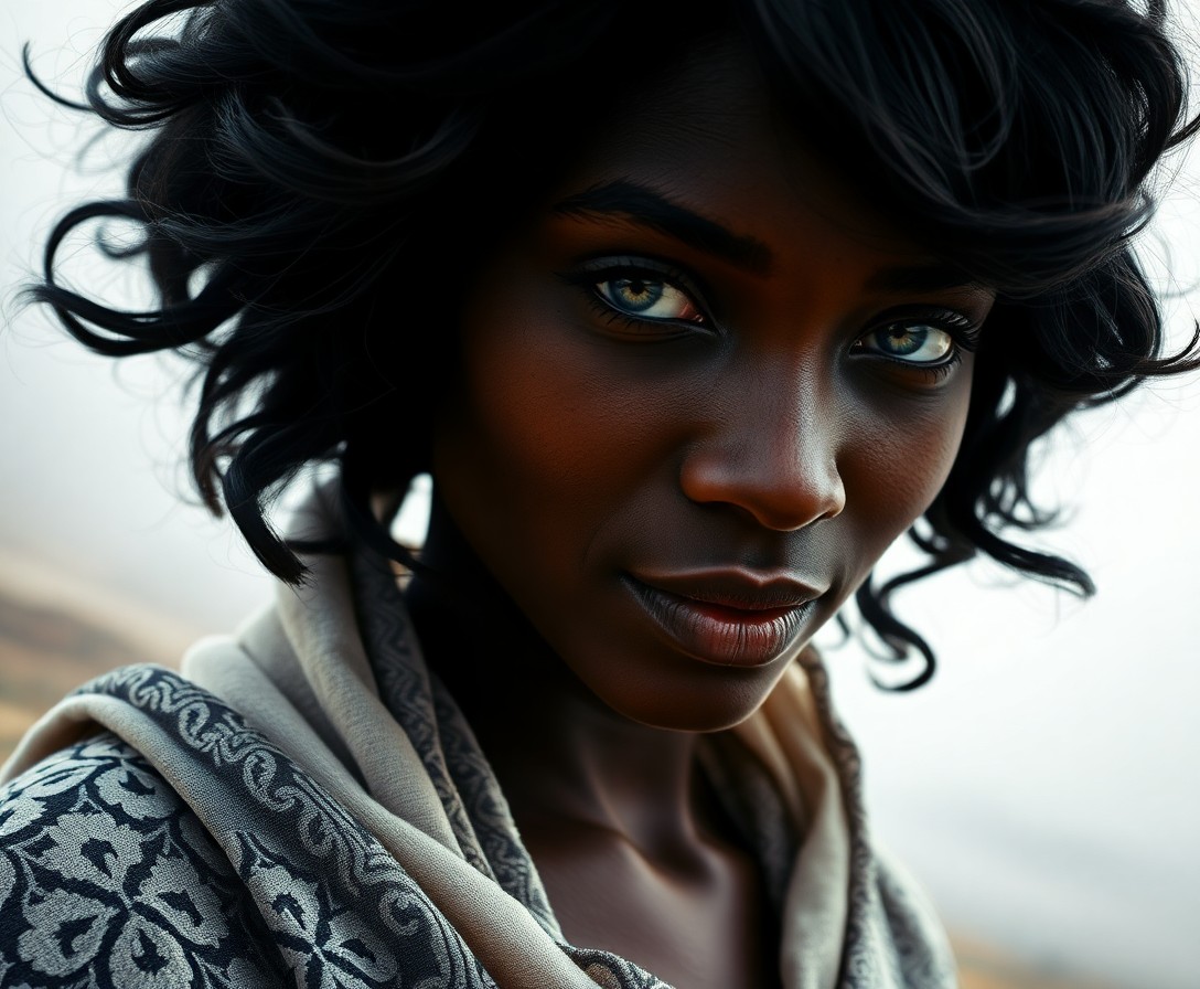 AI generated art for prompt: A portrait of a captivating African woman with mesmerizing blue eyes and raven-black hair in soft wa