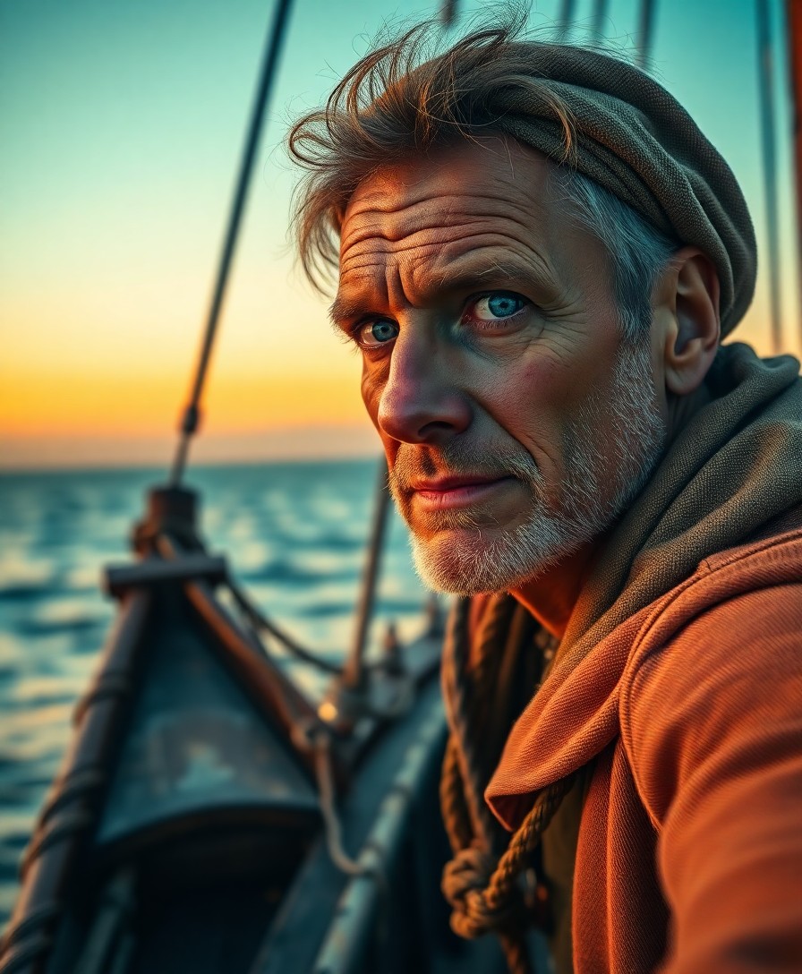 AI generated art for prompt: A hyperrealistic portrait captures a traditional sailor, his sun-kissed skin and compassionate blue 