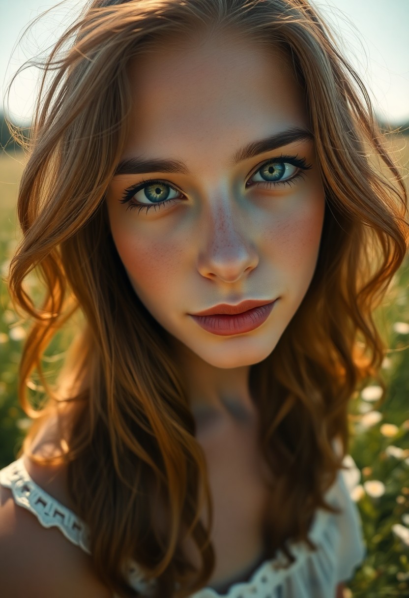 AI generated art for prompt: A hyperrealistic portrait of a young Mediterranean woman with clouded green eyes, sun-kissed skin, a