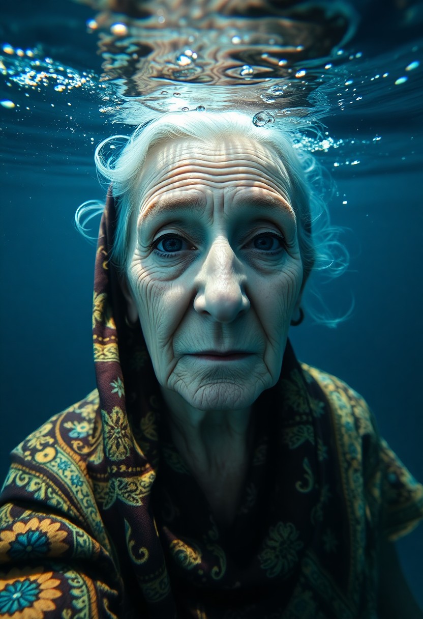 AI generated art for prompt: Create an enchanting underwater portrait of a serene elderly Mediterranean woman. Her wise eyes and 