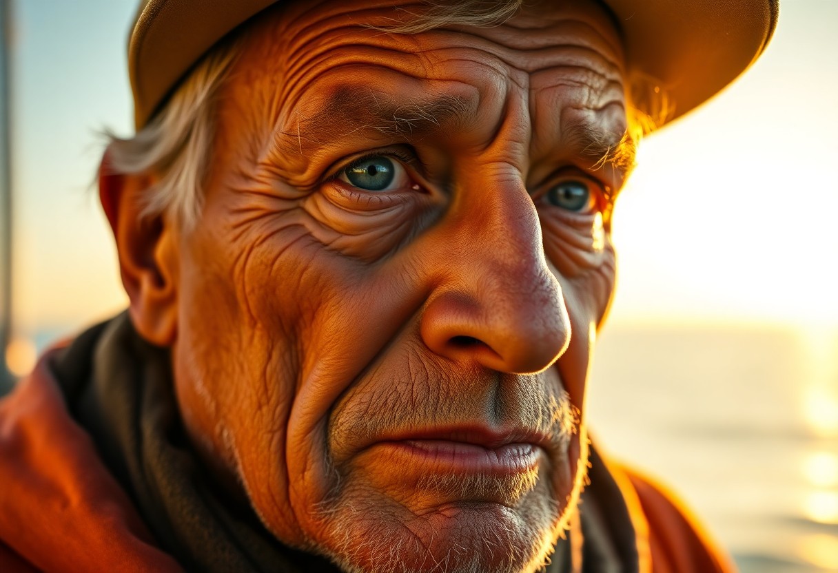 AI generated art for prompt: A portrait photo of a time-honored middle-aged fisherman, captured with a mirrorless camera, showcas