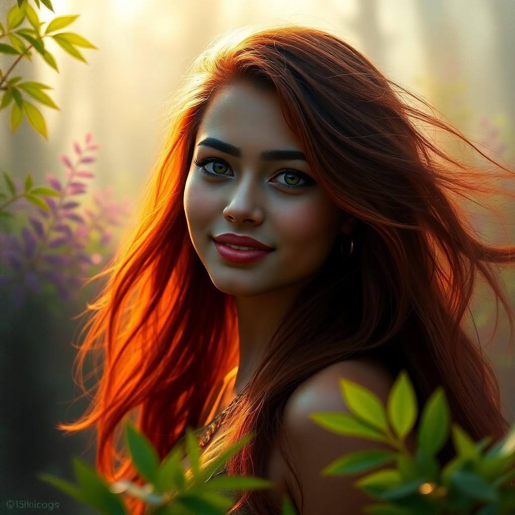 AI generated art for prompt: A portrait of a captivating South Asian woman with timid green eyes and flowing red hair. The photog