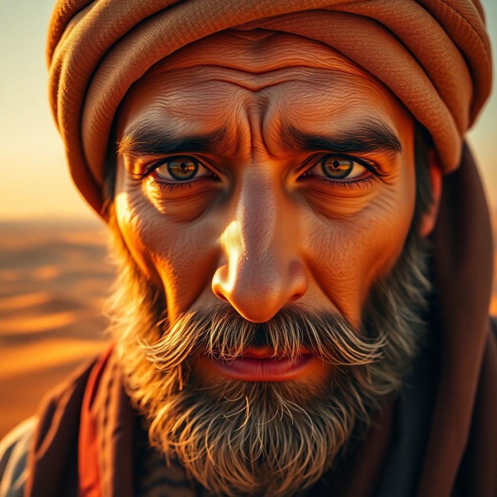 AI generated art for prompt: Create a hyper-realistic oil painting-style image featuring a close-up portrait of a Middle Eastern 