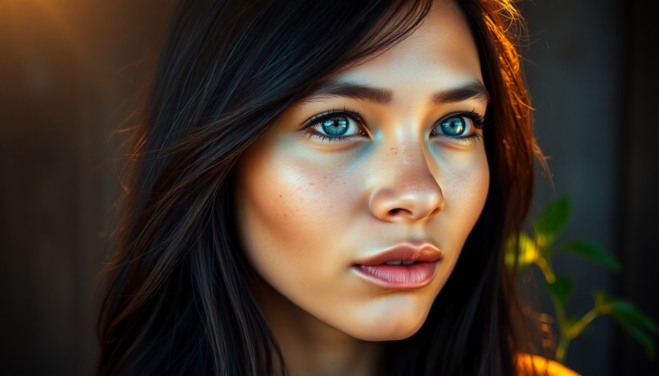 AI generated art for prompt: Imagine a close-up portrait of a young Polynesian woman with dreamy blue eyes and delicate freckles 