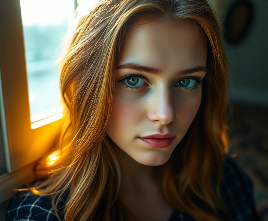 AI generated art for prompt: Create a captivating portrait of a young Slavic woman with mesmerizing green eyes. Soft golden light