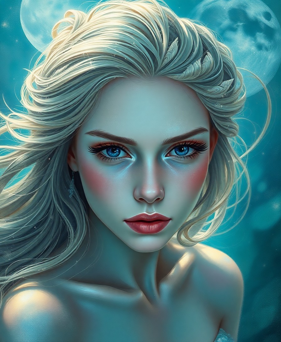 AI generated art for prompt: A captivating portrait of a celestial mermaid, her iridescent scales gleaming under soft moonlight, 