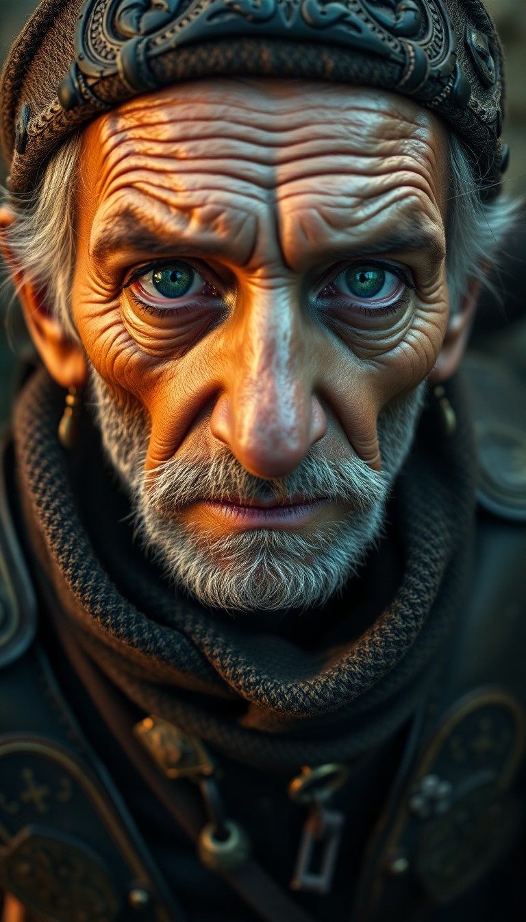 AI generated art for prompt: A highly realistic portrait captures an aged adventurer, their melancholic green eyes holding a worl