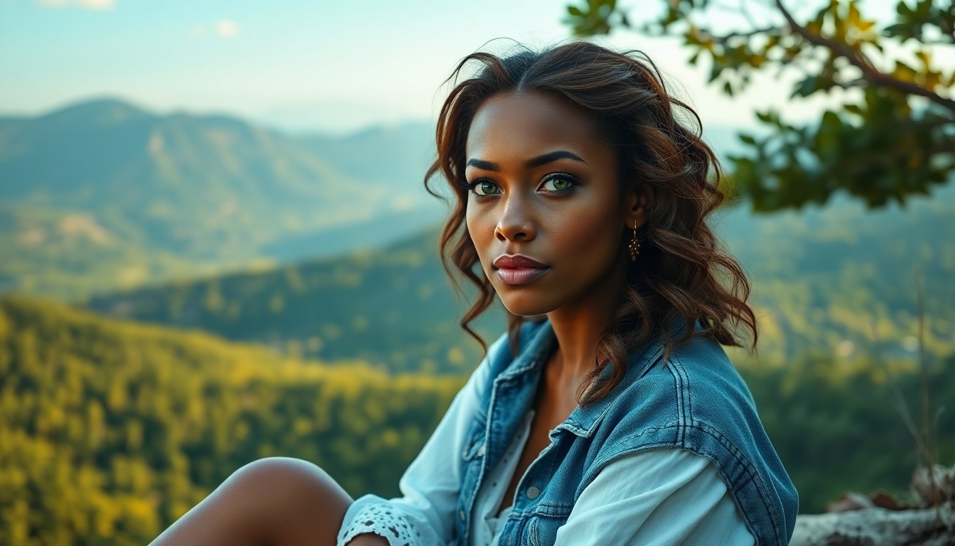 AI generated art for prompt: Create a super-realistic portrait of an African woman with deep green eyes and wavy chestnut hair. H