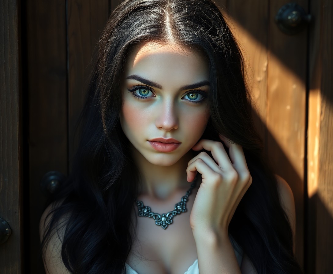 AI generated art for prompt: A hyperrealistic portrait captures the enigmatic allure of a young Celtic woman. Her soft green eyes