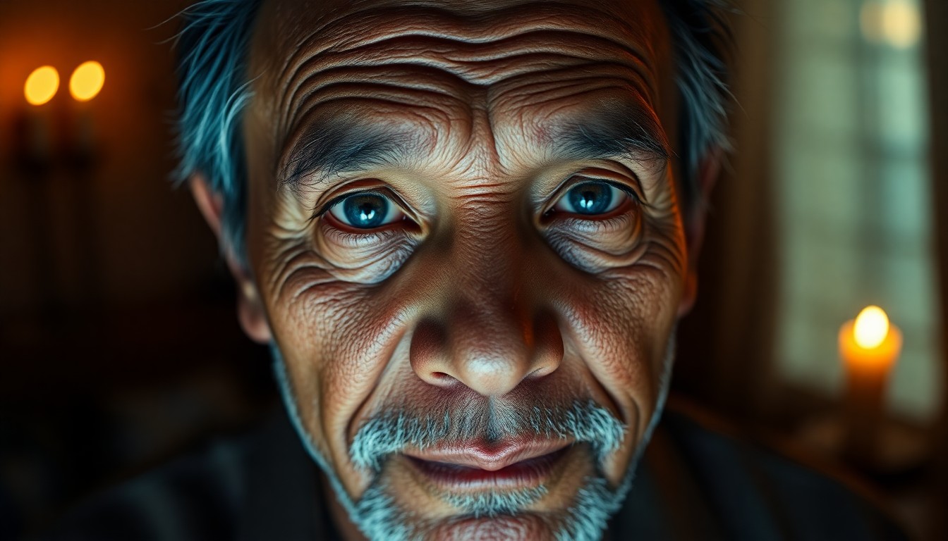 AI generated art for prompt: Create a photorealistic portrait of a middle-aged Pacific Islander man with a rugged face, etched wi