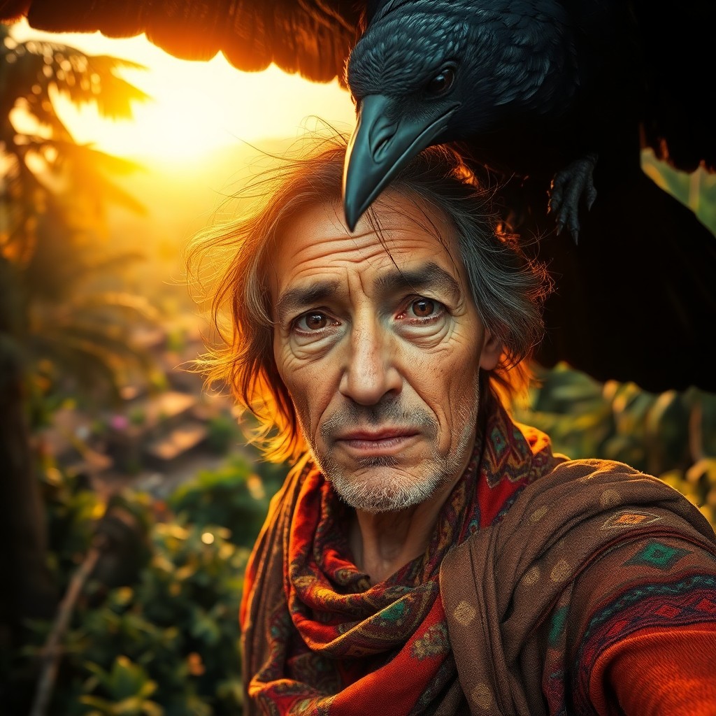 AI generated art for prompt: Create a portrait photograph from a soaring raven's perspective of a weathered traveler, cloaked in 